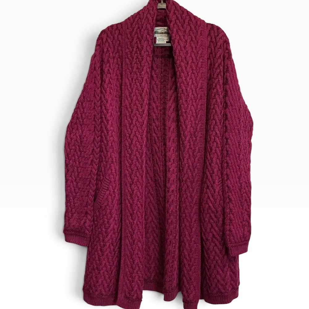 Aran Crafts Ireland 100% Merino Wool Cable Knit Long Cardigan XL Magenta Vintage